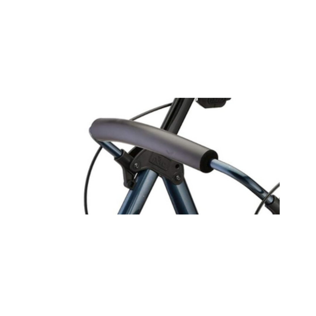 Close-up of a Nova Replacement Parts For Star Series Rollators handle, featuring a black foam grip, metal frame, and visible brake cable to highlight OEM rollator components.